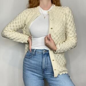 Vintage Montgomery Ward Wintuk Small Ivory Open Knit Button Front Cardigan